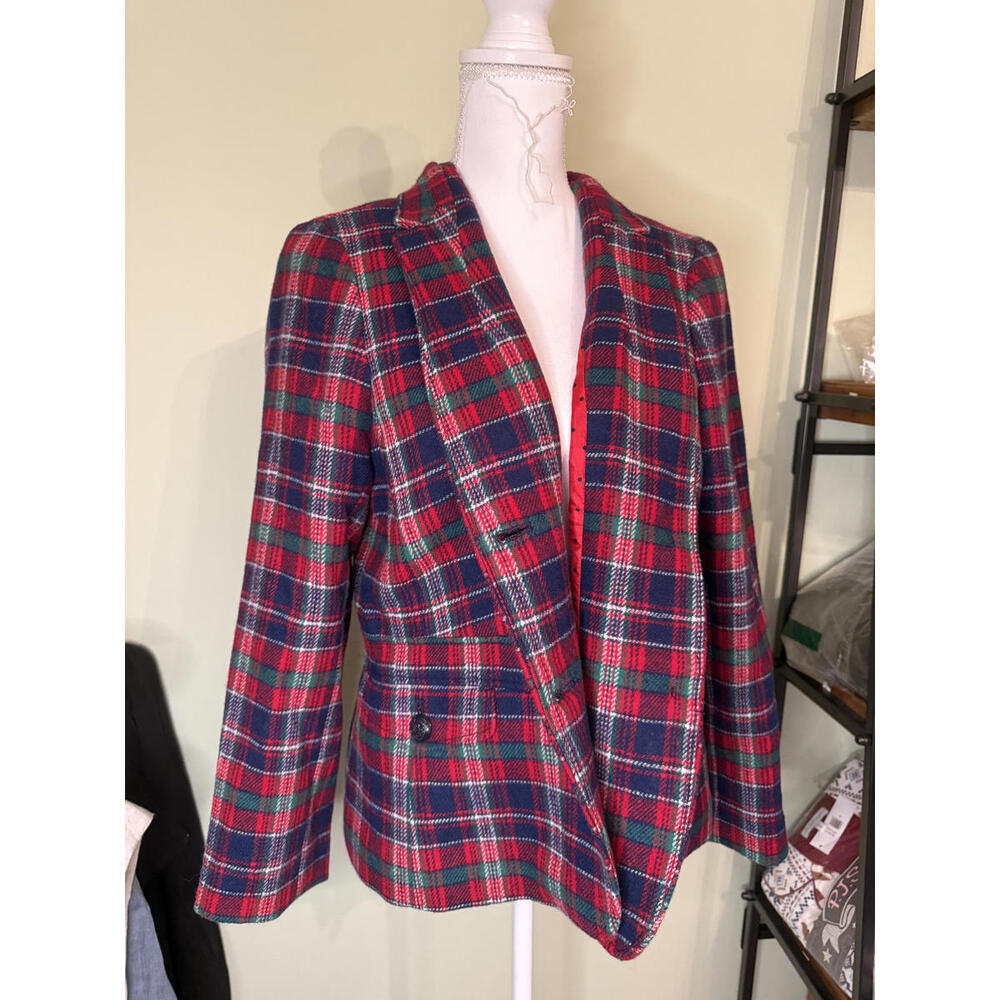 NWT! Talbots Red and Navy Plaid Holiday Wool Women's Petite Blazer Size 14P